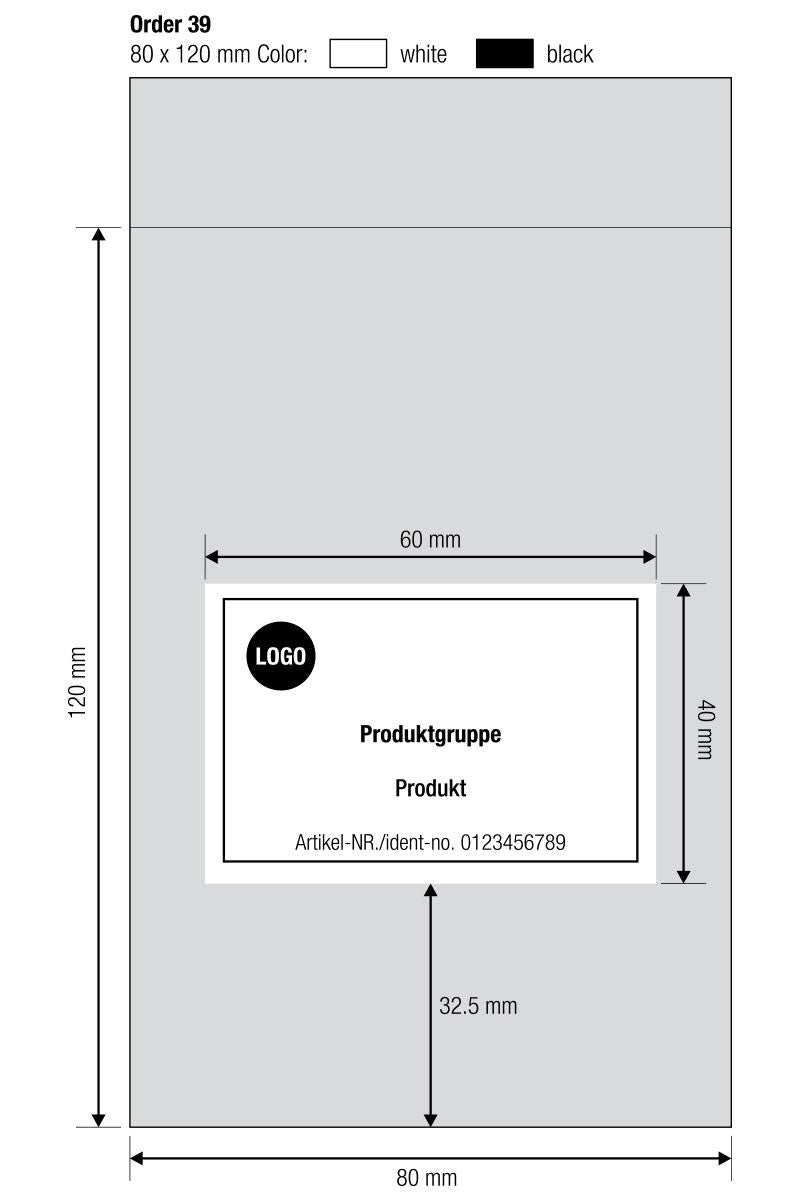 Beispiel-Skizze einer Sonderanfertigung mit Bemaßung von Beutel (80×120 mm) und Druckbereich (60×40 mm)
